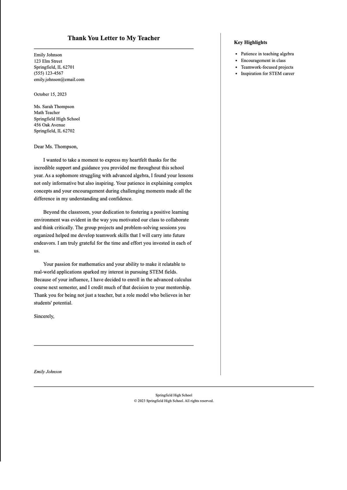 Professional thank you letter sample for job interview with formal layout and signature_variant_1